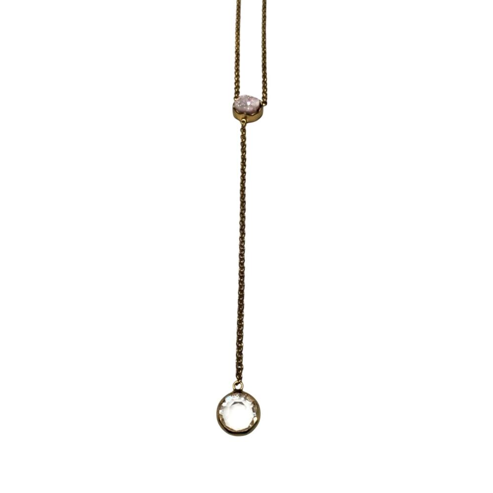 LOFT Pink Druzy Crystal Faceted Glass Drop Pendant Y-Necklace Dainty
